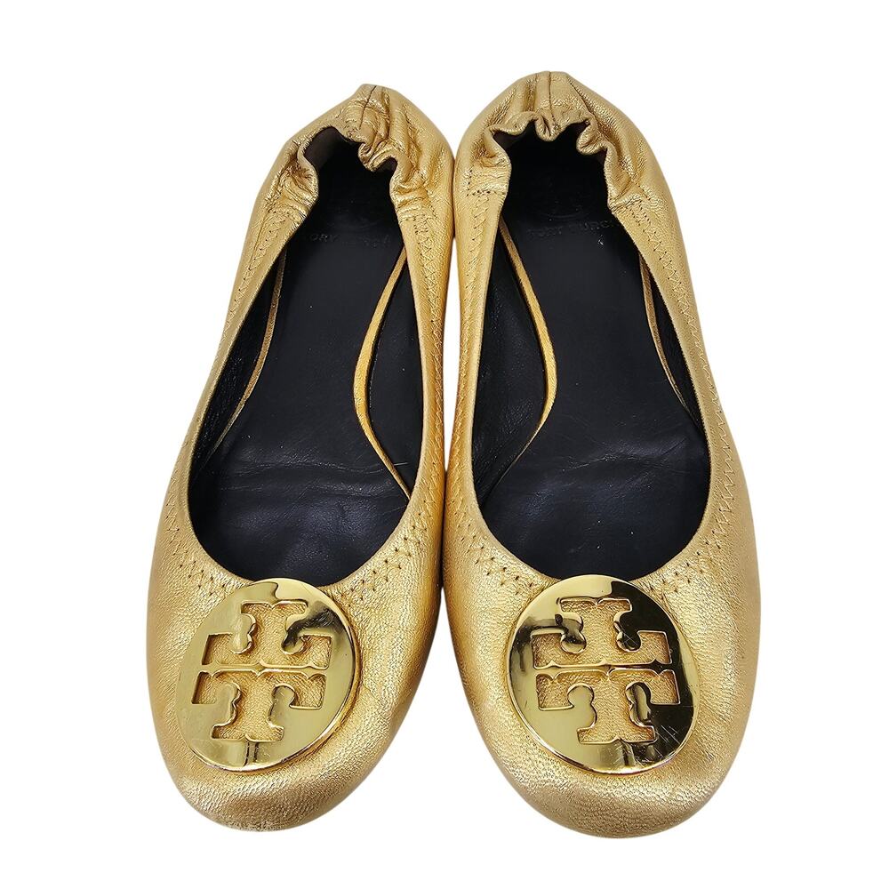 Tory Burch Minnie Gold Leather ballet flat Shoes gold logo medallion Women's 9
